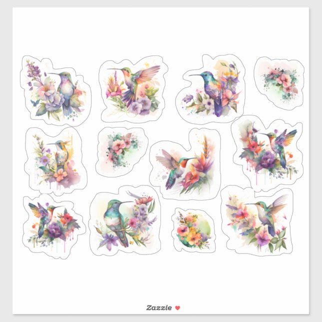 Sticker Oiseaux de Humming aux fleurs colorées (Feuille)