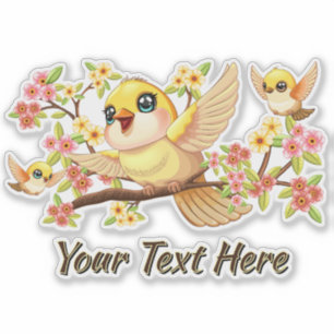 Sticker Oiseaux mignons et heureux parmi les fleurs du pri