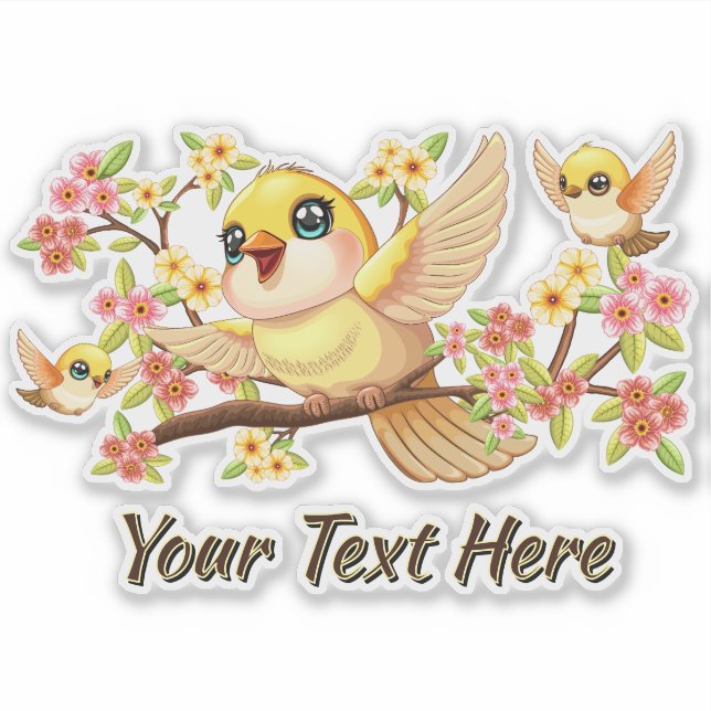 Sticker Oiseaux mignons et heureux parmi les fleurs du pri (Devant)