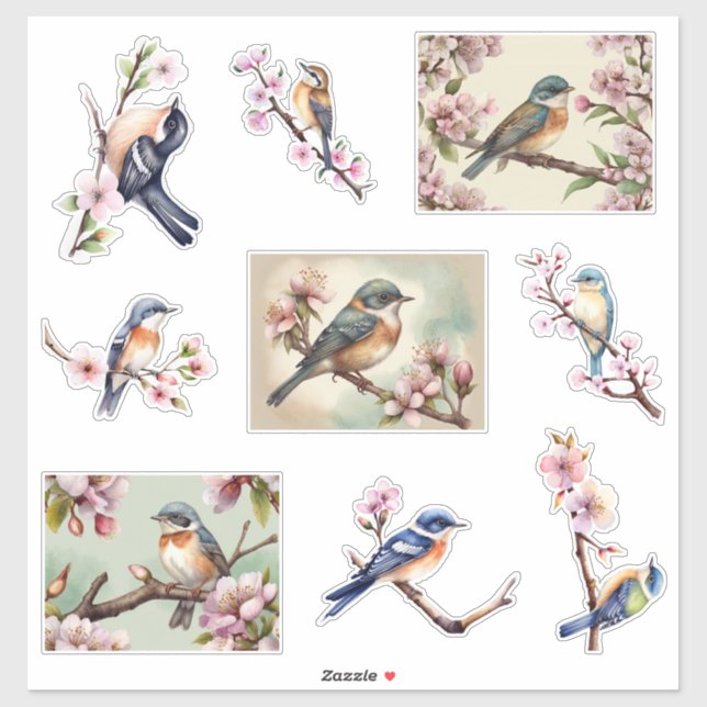 Sticker Oiseaux minuscules à l'aquarelle sur branche en fl (Feuille)