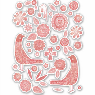 Sticker Oiseaux nordiques et fleurs Rouge et blanc