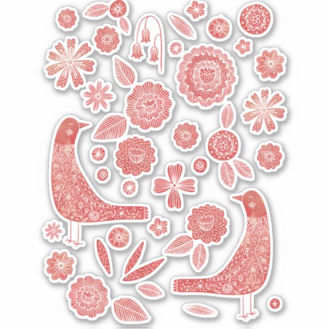 Sticker Oiseaux nordiques et fleurs Rouge et blanc (Devant)