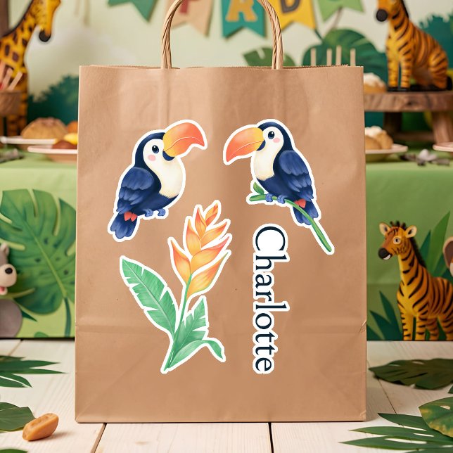 Sticker Oiseaux Toucan Fleurs Tropicales & Nom Animaux Mig (Personalized watercolor toucan stickers with tropical flowers - perfect party favors for kids!)