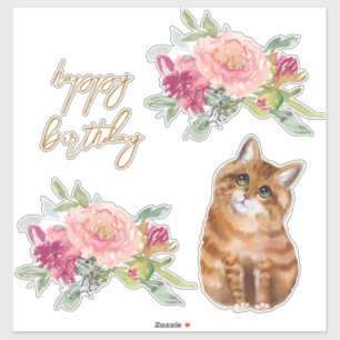 Sticker Orange Cat Illustration Joyeux Anniversaire Fille 