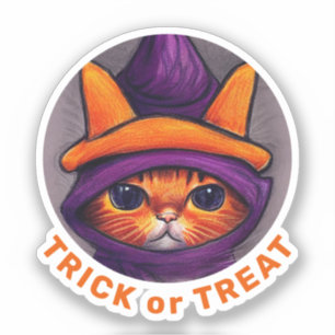 Sticker Orange Chat Violet Sorcière Casquette Treat Hallow