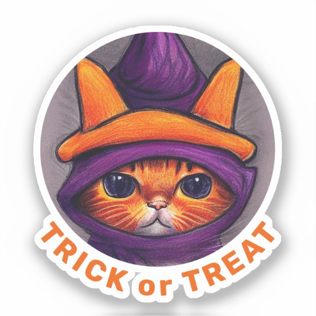 Sticker Orange Chat Violet Sorcière Casquette Treat Hallow (Recto)