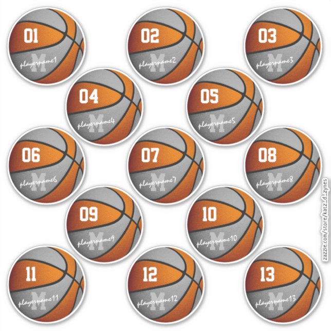 Sticker orange gris basket-ball 13 noms des membres de l'é (Devant)
