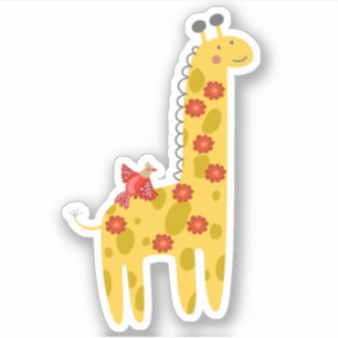 Sticker Ordinateur portable jaune rouge girafe et fleurs d