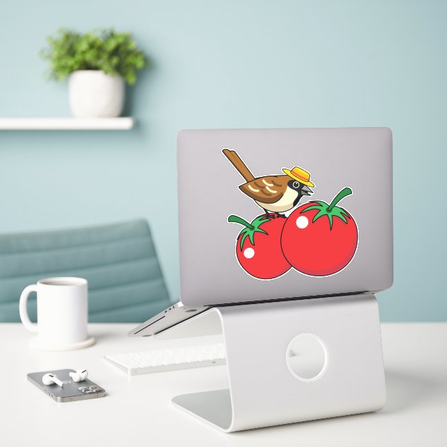 Sticker Organic lover Sparrow Eating Red Tomato (Ordinateur portable sur le bureau)