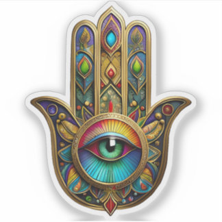 Sticker Ornate Gold Colorful Hamsa Green on Red Third Eye
