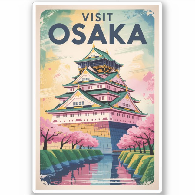 Sticker Osaka Japan Castle Illustration Travel Art Vintage (Devant)