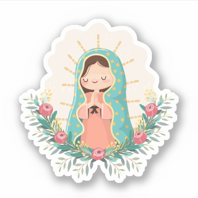 Sticker Our Lady of Guadalupe with flowers Kawaii Style (Devant)