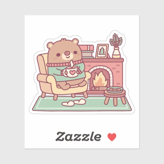 Sticker Ours Brun Mignon Et Cheminée Confortable (Feuille)