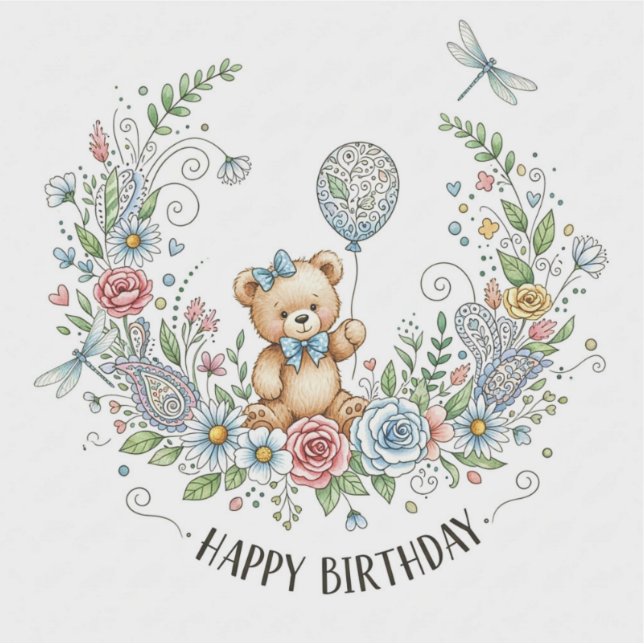 Sticker ours d'anniversaire floral bohème (Devant)