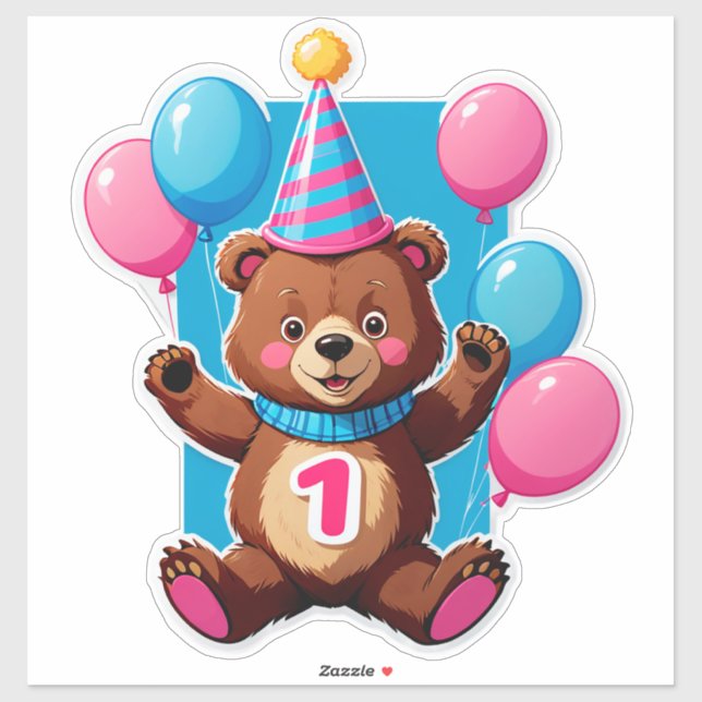 Sticker Ours mignon d'anniversaire avec chapeau de fête et (Feuille)