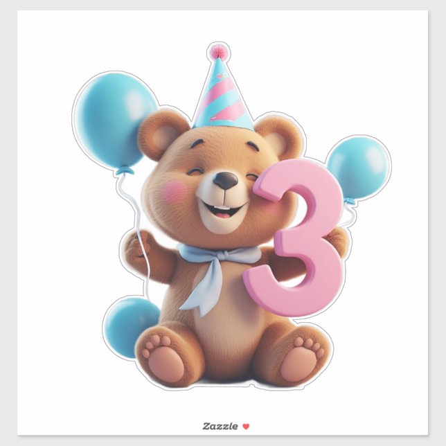 Sticker Ours mignon d'anniversaire avec chapeau de fête et (Feuille)