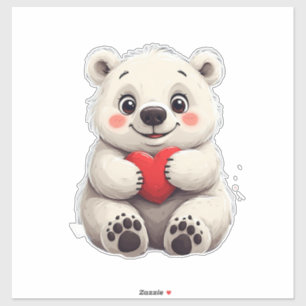 Sticker Ourson polaire blanc adorable tenant un cœur rouge