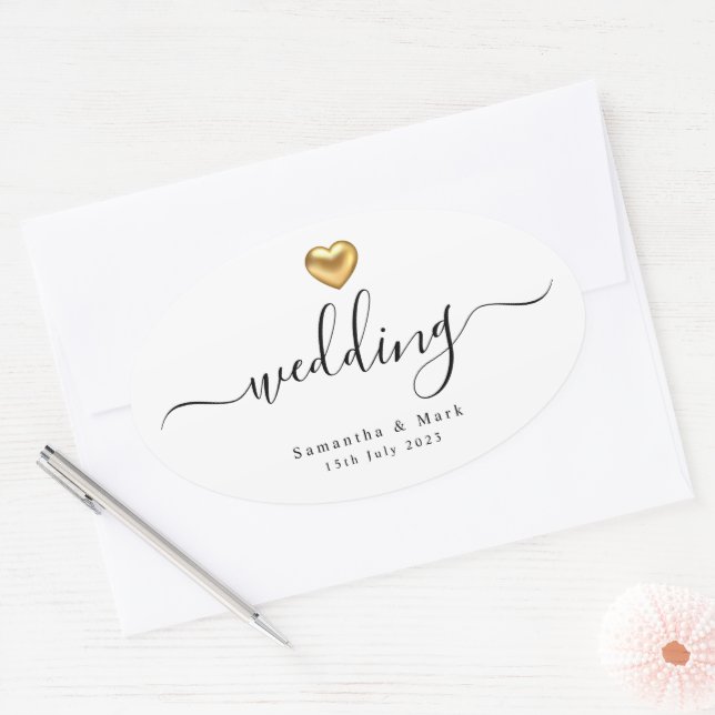 Sticker Oval Mariage simple et moderne Gold Heart (Enveloppe)