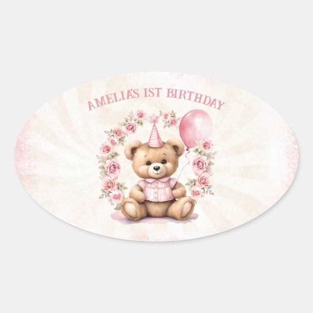 Sticker Ovale 1er Anniversaire Teddy Bear Girl Rose (Devant)