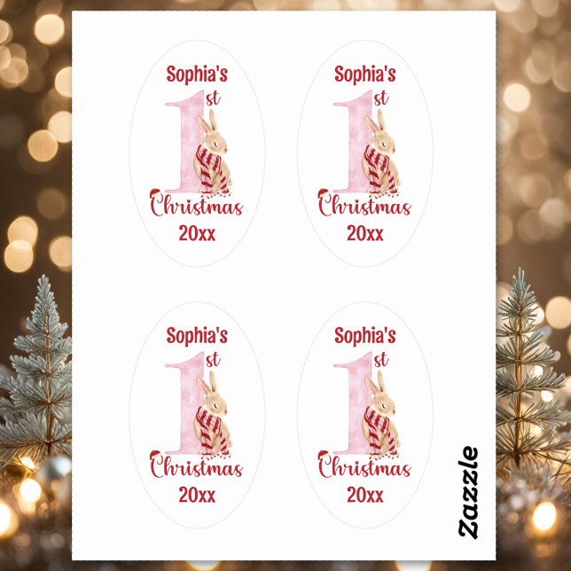 Sticker Ovale 1er Noël mignonne lapin bébé fille numéro un (1st Christmas Cute Bunny Baby Girl Number One Oval Sticker)