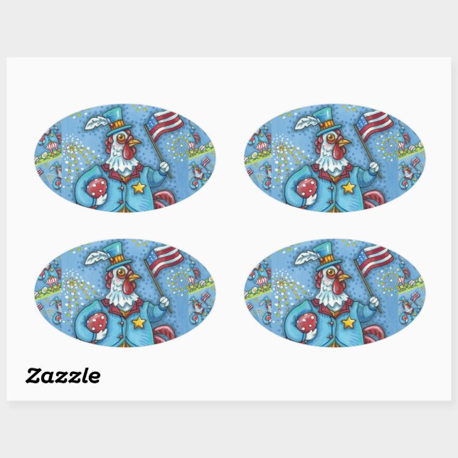 Sticker Ovale 4 juillet ROOSTER, FUNNY PATRIOTIC POULET (Feuille)