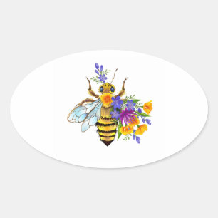 Sticker Ovale Abeille à fleurs avec plantes sauvages