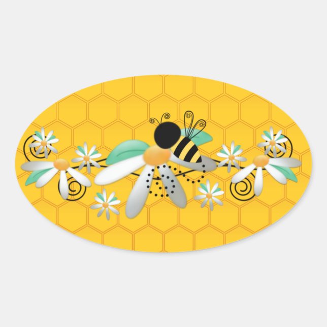 Sticker Ovale Abeilles à miel et marguerites (Devant)