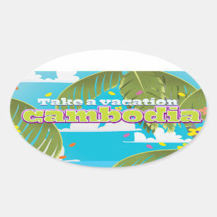 Sticker Ovale Affiche de voyage en cartoon du Cambodge.