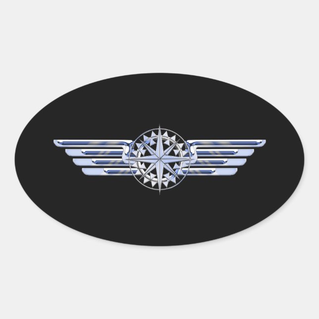 Sticker Ovale Air Pilote Chrome comme ailes Compass sur noir (Devant)
