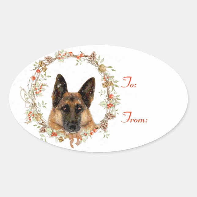 Sticker Ovale Allemand Shepherd Holiday Tags cadeaux (Devant)