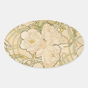 Sticker Ovale Alphonse Mucha Peonies Peony Roses Fawn 1897