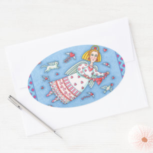 STICKER OVALE ANGE D'ART FOLK, CHAT ET COEURS DE VOL VALENTINE