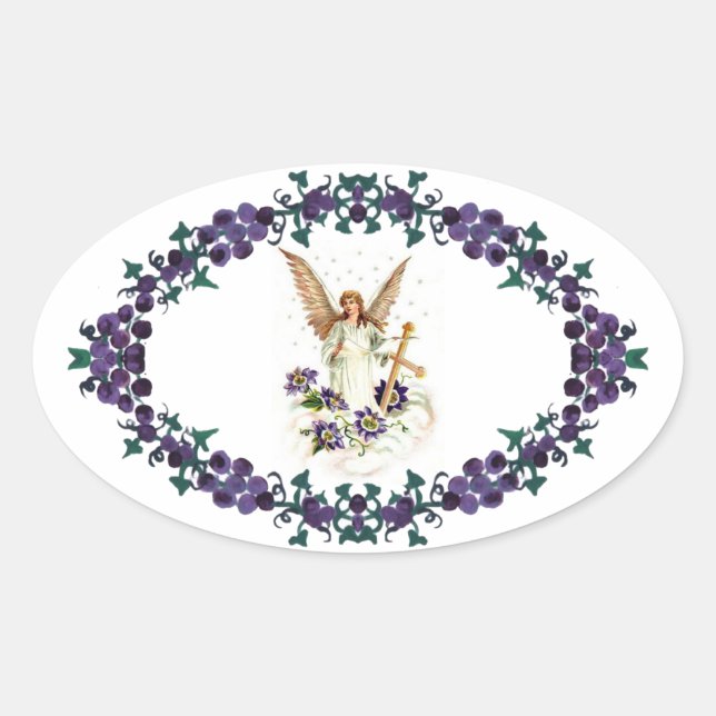 Sticker Ovale Angel Avec Croix Et Fleurs Clematis (Devant)