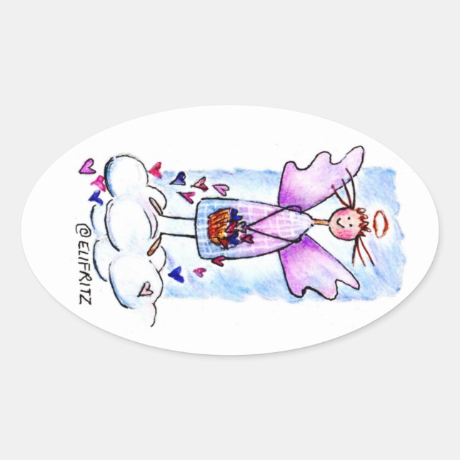 Sticker Ovale Angel sur nuage blanc avec panier de coeurs dessin (Devant)