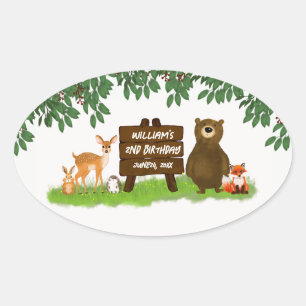 Sticker Ovale Animaux de la Forêt Bois Rustique Anniversaire Enf