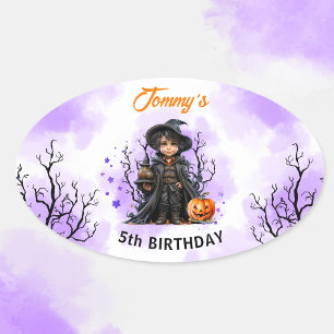 Sticker Ovale Anniversaire d'Halloween mignon petit sorcier Oval
