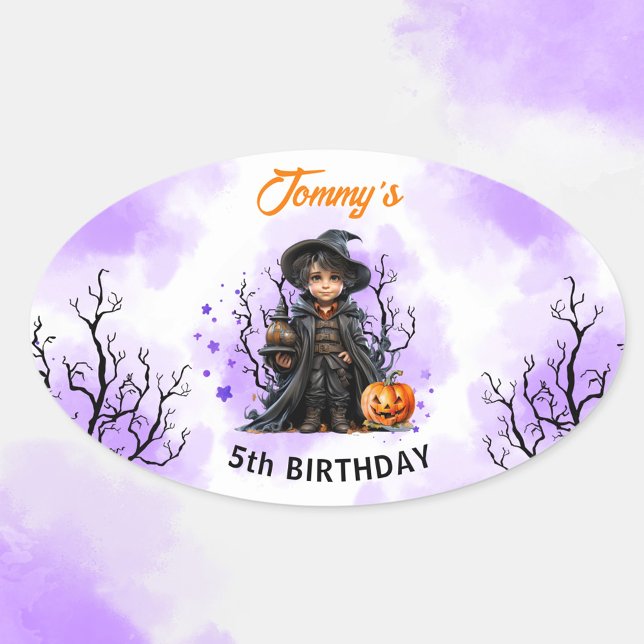 Sticker Ovale Anniversaire d'Halloween mignon petit sorcier Oval (Halloween Birthday Cute Little Wizard Oval Sticker)