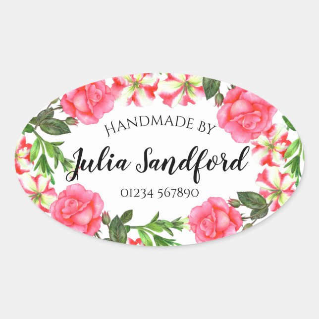 Sticker Ovale Aquarelle Fleurs roses Design de couronne ovale (Devant)