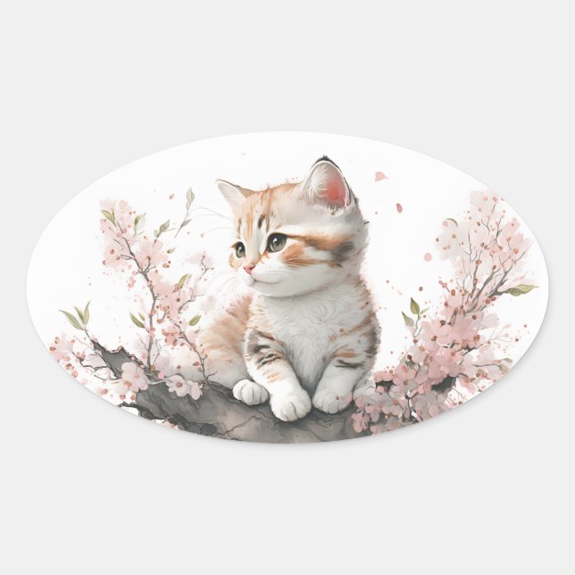 Sticker Ovale Aquarelle Kitty aux fleurs roses (Devant)