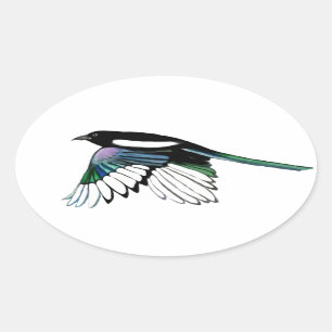 Sticker Ovale Aquarelle Magpie Bird dans Vol Nature Art