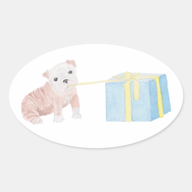 Sticker Ovale Aquarelle Mischievous Chiot avec cadeau d'annivers (Devant)