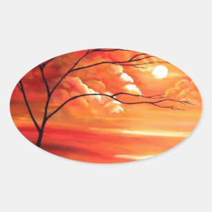 Sticker Ovale Arbre Abstrait et coucher de soleil rouge