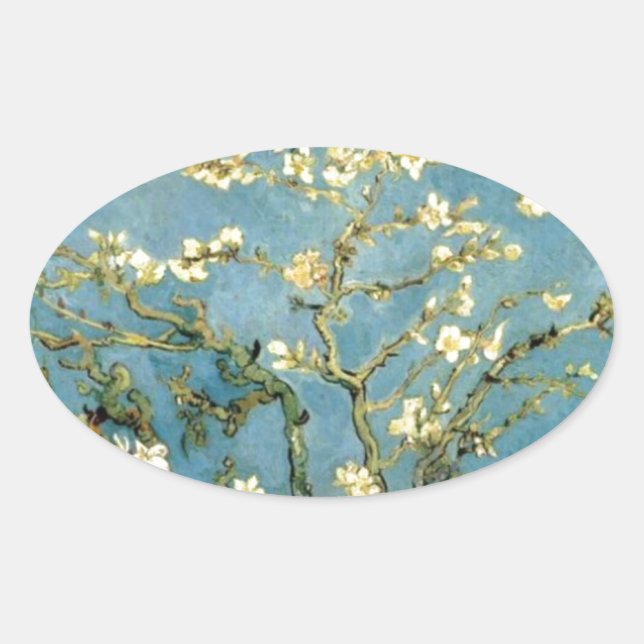 Sticker Ovale Arbre d'amande en fleurs par Van Gogh (Devant)