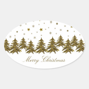 Sticker Ovale Arbre de Noël en or brillant, lune, étoiles