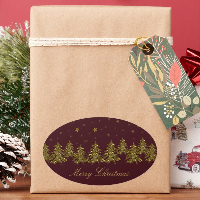 Sticker Ovale Arbre de Noël en or brillant, lune, étoiles sur ro (vacances)