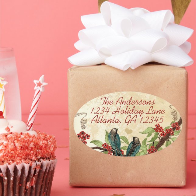 Sticker Ovale Arbre fleuri rouge sarcelle vintage oiseaux burgun (Fête)