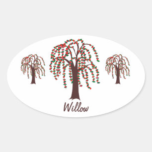 Sticker Ovale Arbre saule avec Coeurs - Personnalisable