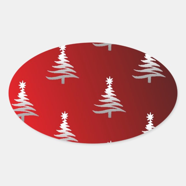 Sticker Ovale Arbres de Noël Argent sur Rouge (Devant)