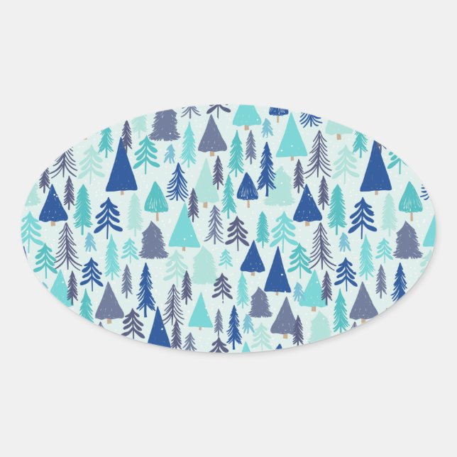 Sticker Ovale Arbres de Noël bleus dans une forêt À feuillage pe (Devant)