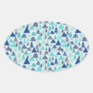 Sticker Ovale Arbres de Noël bleus dans une forêt À feuillage pe